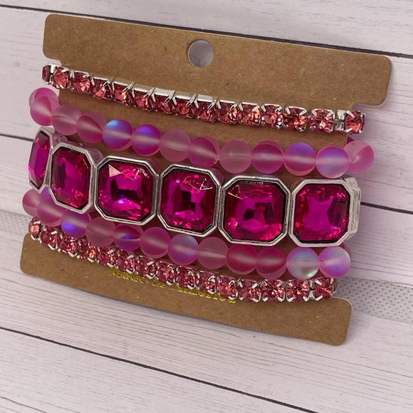 Set of 5 stackable bracelets in high style hot pink crystal. - Picture 8 of 10